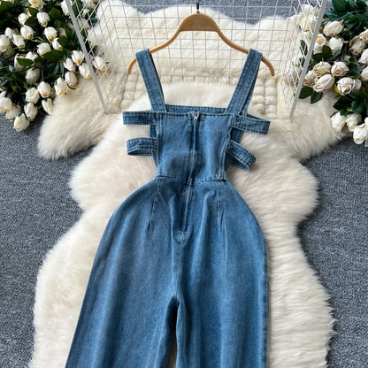 Jumpsuits Women Denim Suspender Jeans One Piece Wide Leg Pants Washed Mom Distressed Pockets Trousers Summer 2025 Streetwear.