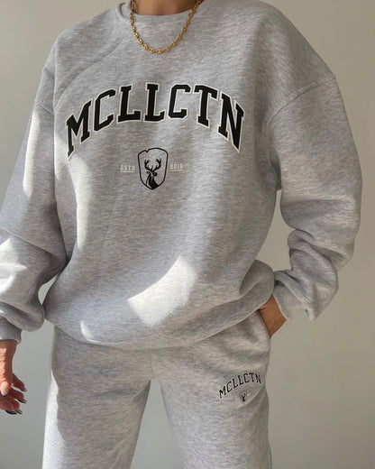 Warm Suit Autumn Winter Women Solid Set Elegant O-neck Pullover Hoodie And Pocket Trousers Two-Piece Set Lady Casual Loose Sets