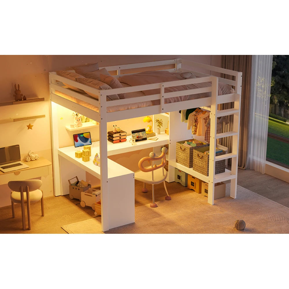 Modernes Kinder-Hochbett 140 x 200 mit Multifunktionsregalen, Unterbett-Schreibtisch, LED-Licht und USB, Kleiderschrank mit Stauraum, für Schlafzimmer