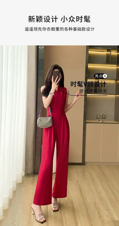 Women's Wide Leg Jumpsuit Pants 2025 Summer New Casual Straight Tube Sports Overalls V-neck Sleeveless Bodysuit For Women Romper.