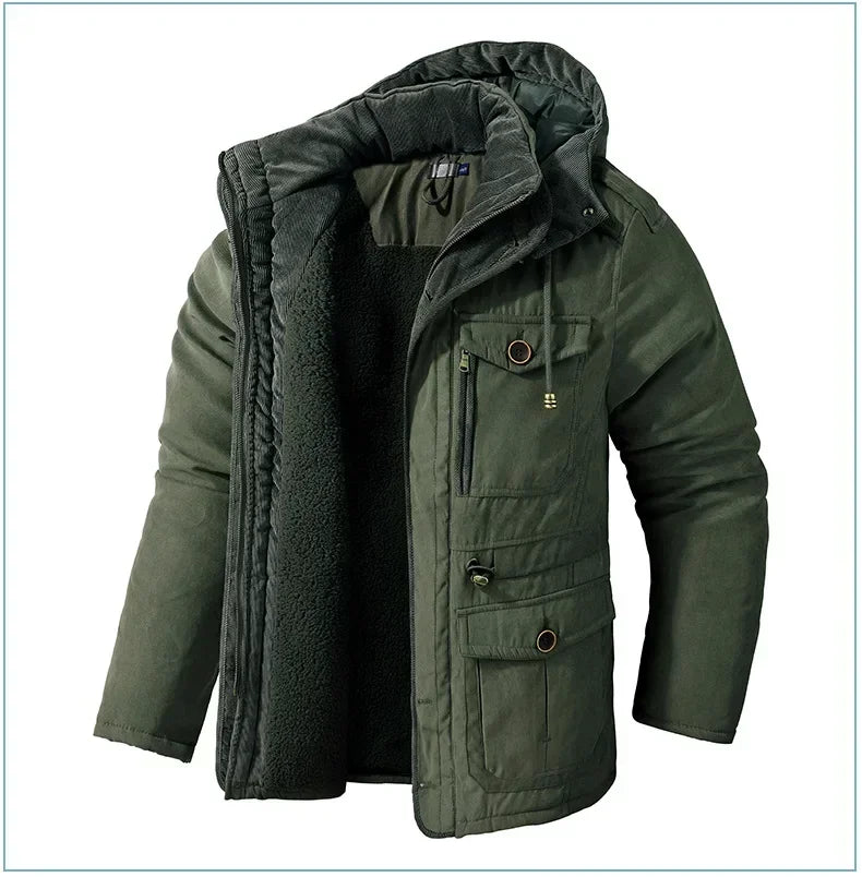 Men's Jacket WINTER USA SIZE Large SIZE Lamb Fleece JACKETS Hooded Cotton Thickened Multi Pocket Casual Mid length Coat.