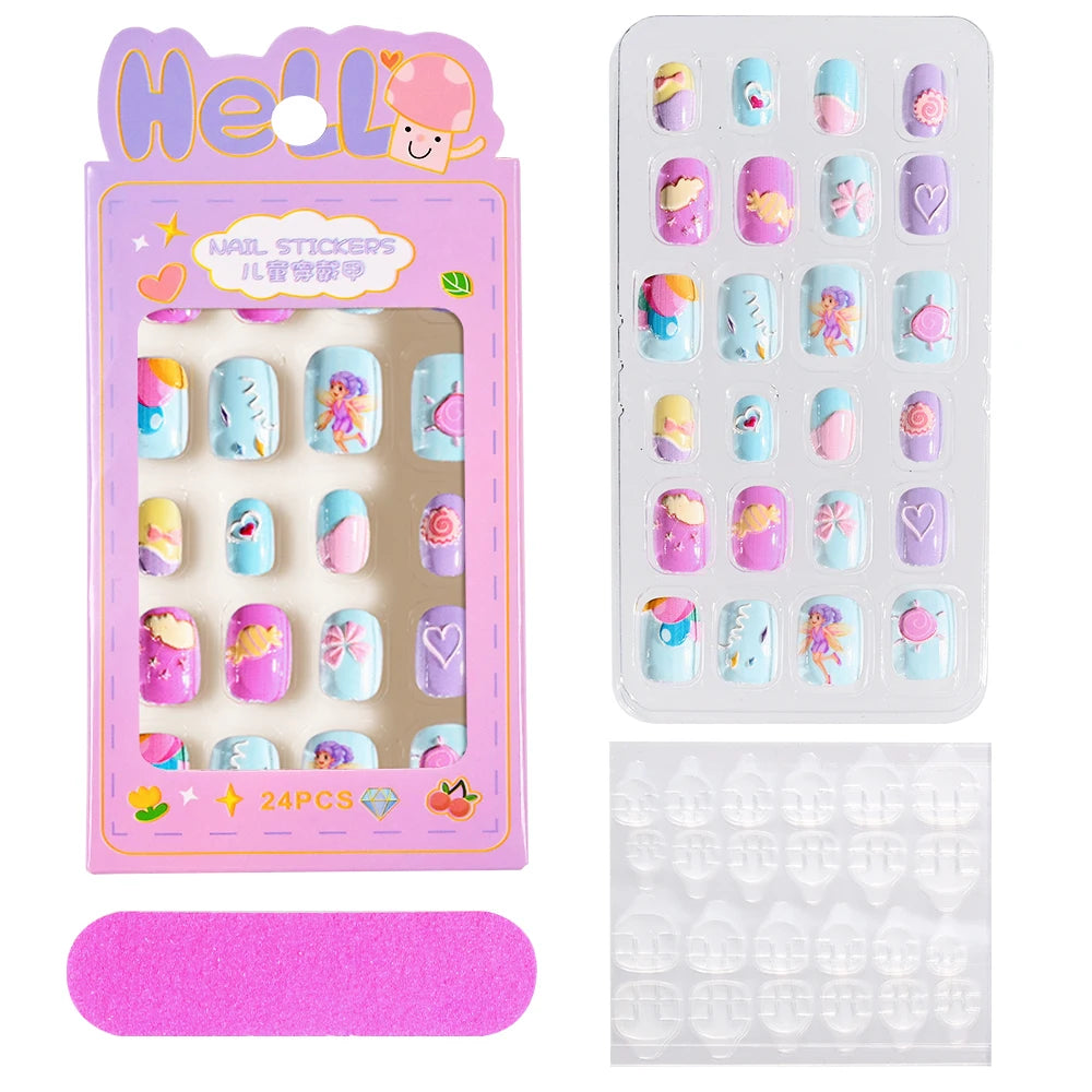 24Pcs/box Kids nails for Girl Cartoon Pattern False Nail Cute Child Fake Nails Tips Kawaii Acrylic Artificial Press on Nail+Tool