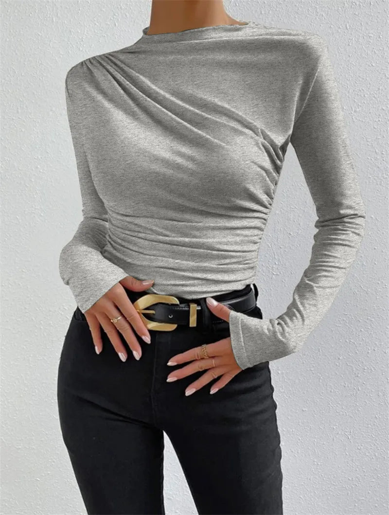 Fashion Solid Color Slim Fit T Shirt Women Trendy All-match Folds Long Sleeve T Shirts Ladies Tops Streetwear 2024 Spring New