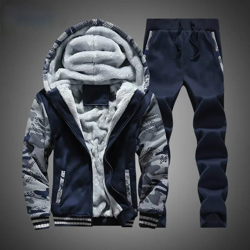 New Winter Fleece Thicken Men's Two-piece Zipper Sports Set Hooded Thermal Suit Casual Oversized Tracksuit 4XL 5XL Funny Suit.