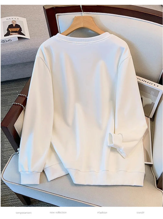 175 kg Übergröße Damen Büste 170 Herbst Lose Rundhals Langarm Diamant Schwan Sweatshirt Schwarz Weiß 5XL 6XL 7XL 8XL 9XL