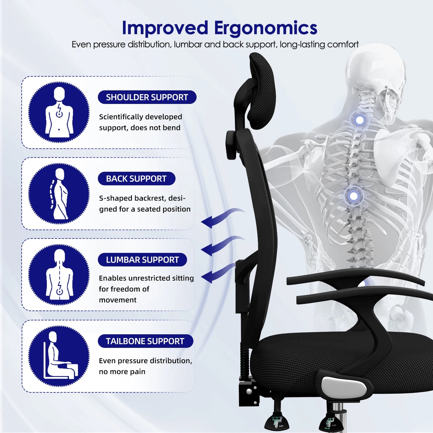 Daccormax Ergonomischer Bürostuhl, Mehrpunktstütze, verstellbare, atmungsaktive Netzrückenlehne, drehbarer Computer-Schreibtischstuhl mit Kopfstütze