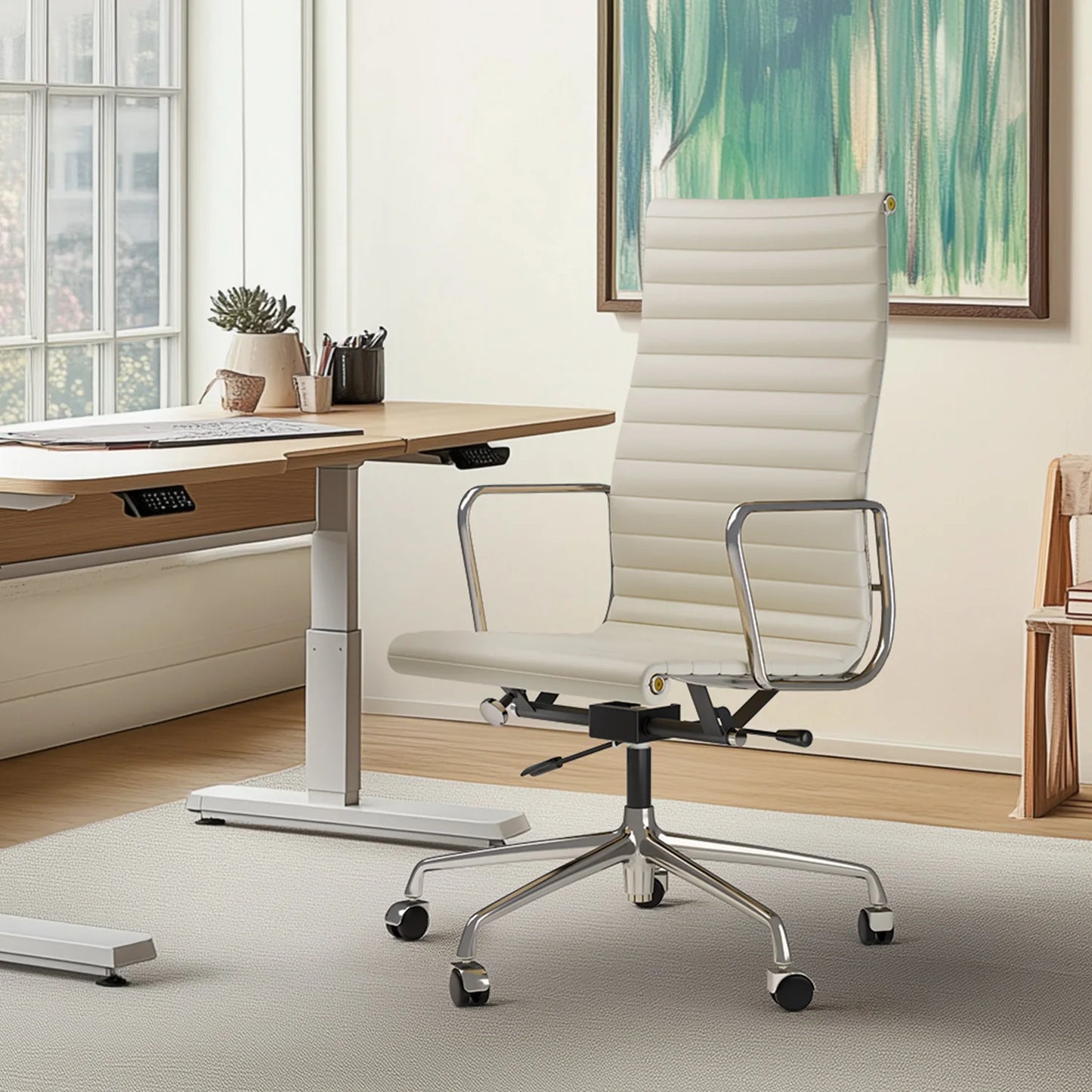 Gerippter Bürostuhl mit hoher mittlerer Rückenlehne, Drehstuhl aus echtem Leder mit Rahmen aus Aluminiumlegierung, verstellbarer ergonomischer Computerstuhl