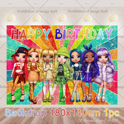Cartoon Regenbogen Puppe High School Thema Hintergrund Geburtstag Party Dekoration Lieferungen Einweg Tasse Besteck Ballon Baby Geschenk