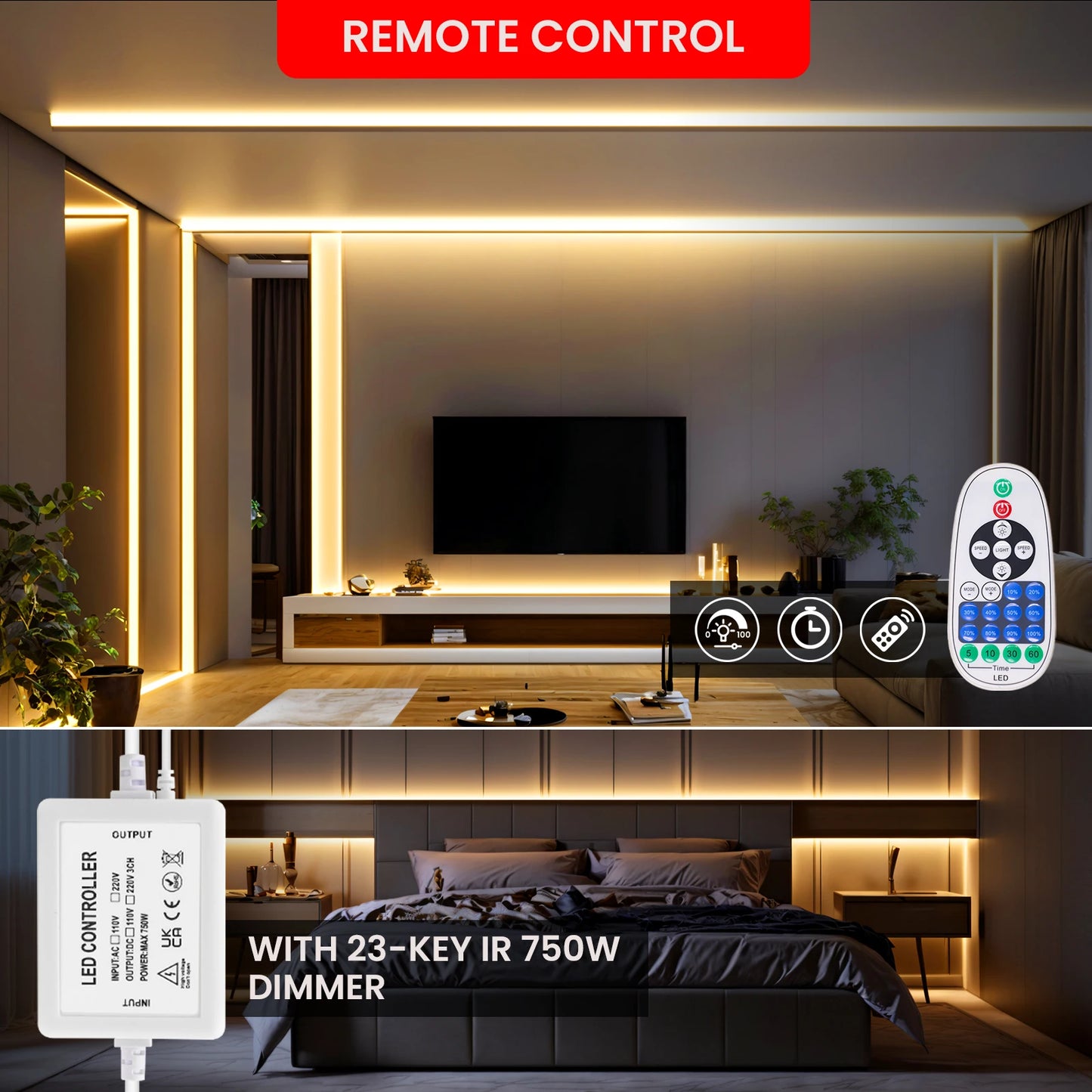 COB LED Strip Dimmable 220V 288LEDs/m Wall Touch Wifi Bluetooth Remote Control Power Kit Waterproof Silicone Tube Adhesive Tape.