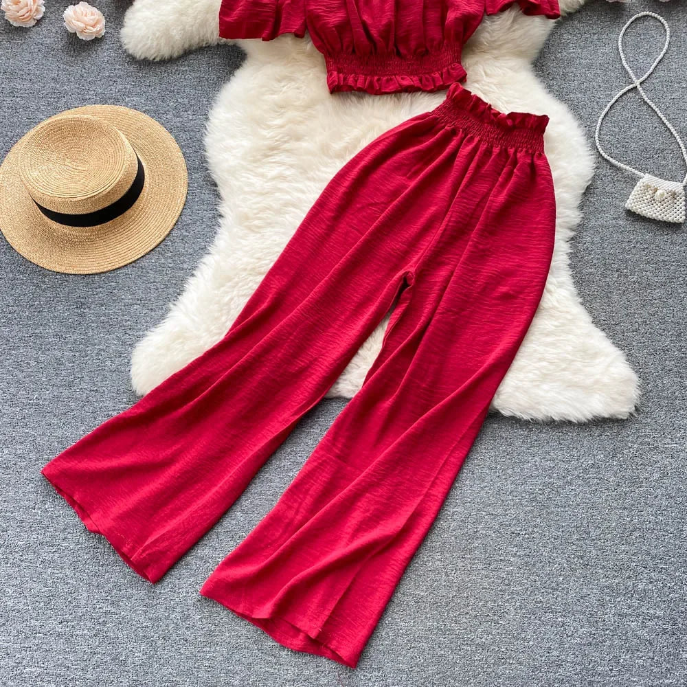 2024 Summer Green/Black/Red Two Piece Set Women Sexy Slash Neck Short Tops + High Waist Wide Leg Pants Female Suit New.