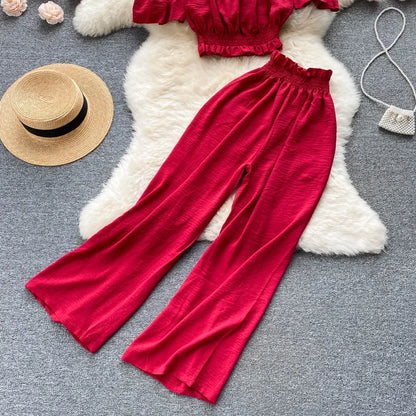 2024 Summer Green/Black/Red Two Piece Set Women Sexy Slash Neck Short Tops + High Waist Wide Leg Pants Female Suit New.
