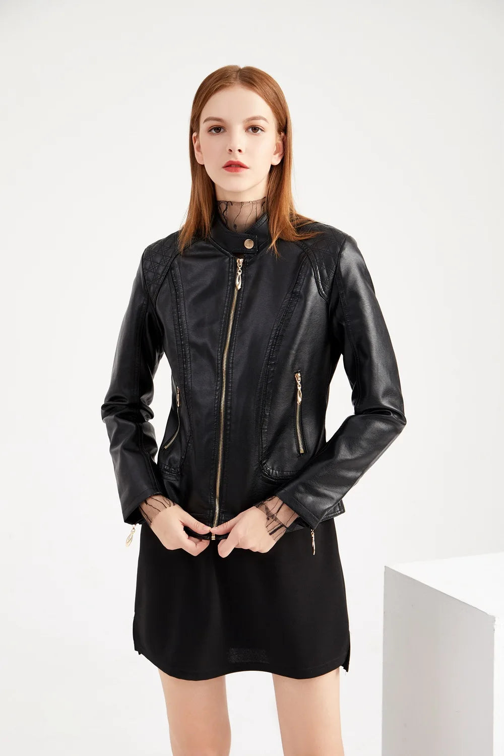 Women's Elegant Stand-up Collar Solid Jacket 2022 Female Three-dimensional Pattern Coat S-4XL New Pu Faux Leather Jacket Women.