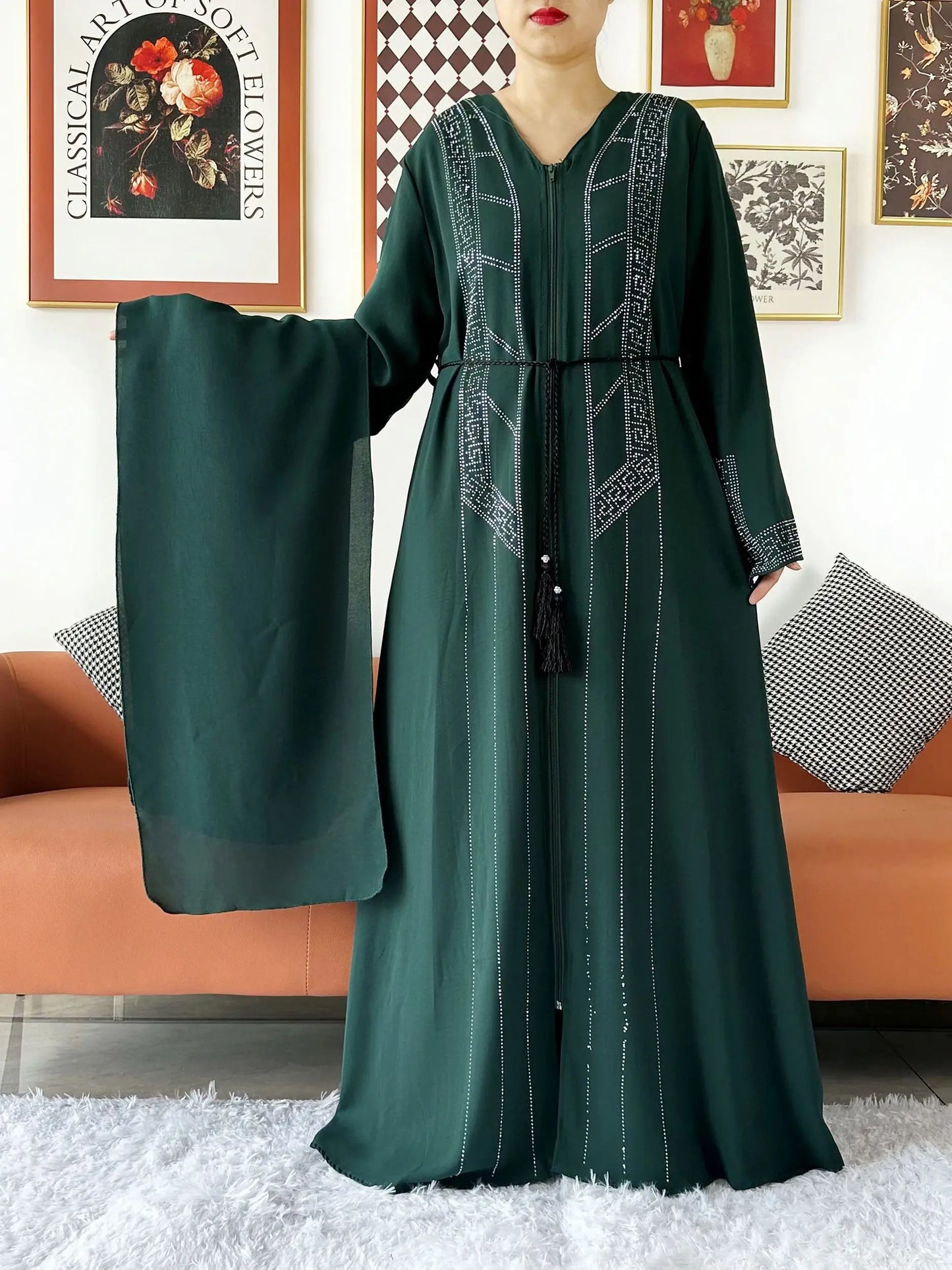 New Women Elegant Dress Chiffon Open Abaya with Zipper Muslim Women Dress Islamic Clothing Cardigan Abaya Women Muslim Dress