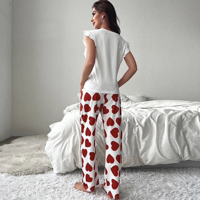 2024 White T-Shirt Women's Pajama Set Sexy Fly Sleeve Vest Pants Sleepwear Heart Print Casual Pyjamas Loungewear Spring 2-piece.