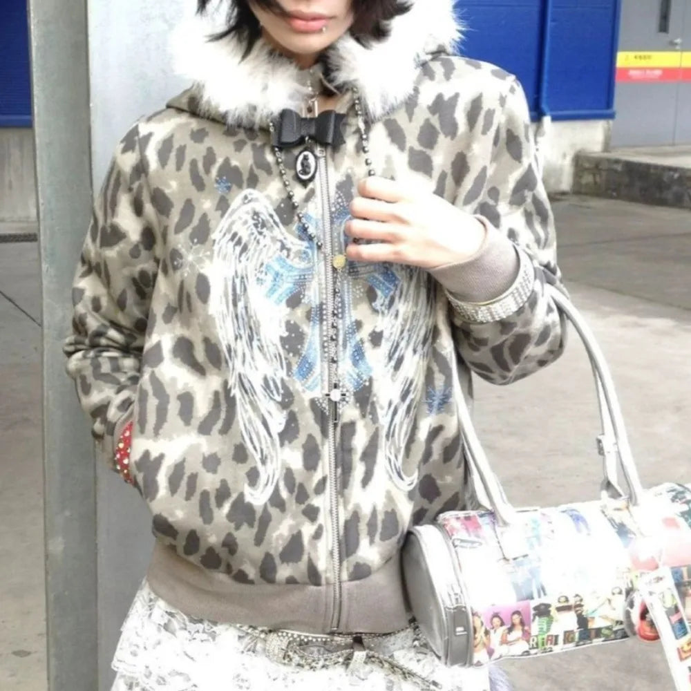 Y2K Gothic Short Woman Coat Womens Clothes Harajuku Graphic Printed Fur Collar Slim Zipper Jacket Autumn Winter Clothing.