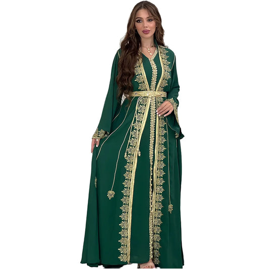 Eid muslimische Frauen Party Stickerei Kleider 2 Stück Set Jalabiya Ramadan Islam Vestidos arabische Robe Marokko Dubai Abayas Kaftan