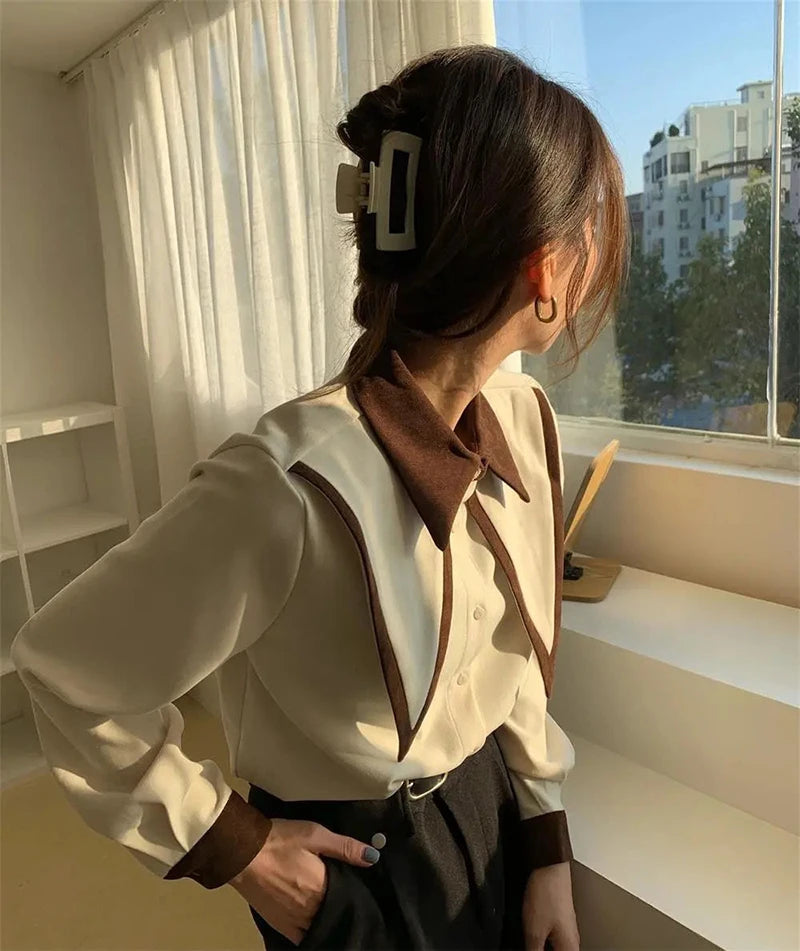 MEXZT Vintage Chiffon Shirts Women Elegant Patchwork Long Sleeve Blouses Office Lady Korean Black Turn Down Collar Casual Tops.