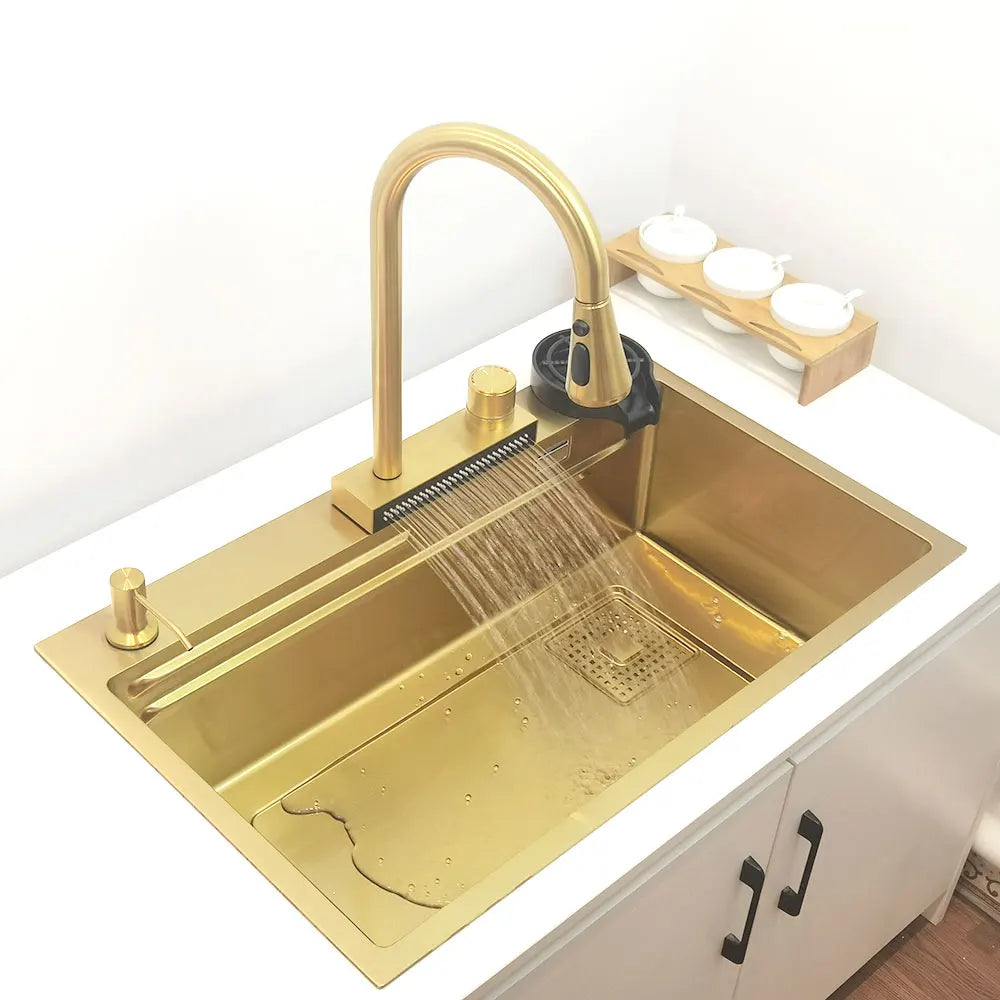 Gold Wasserfall Wasserhahn Küchenspüle Nano Waschbecken 304 Edelstahl Golden Topmount Single Bowl Waschbecken 4-Funktions-Küchenarmatur