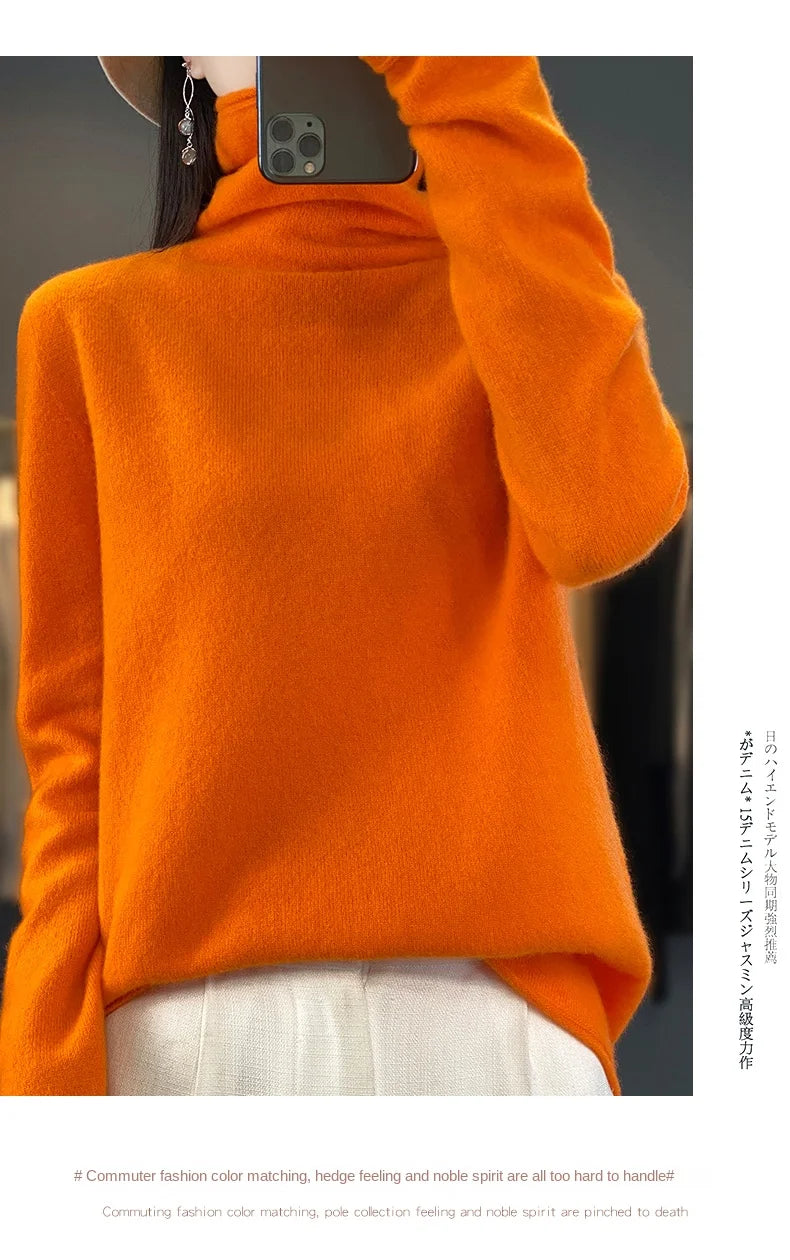 2025 100% Merino Wool Sweater Elegant Cashmere Pullover Women Pile Collar Long Sleeve Knitwear Basic Clothing  Jumper Tops.