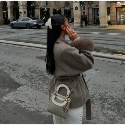 Frauen Mäntel Elegante Revers Plüsch Mit Gürtel Faux Pelz Hülse Tweed Offenen Mantel Weibliche 2025, Herbst Winter Mode Dame streetwear