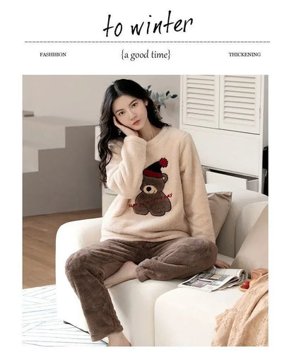 Thickened Warm Large Size Padded Fall and Winter Women's Pajamas Top and Pants Set Coral Velvet Ladies Cartoon Bear 2PCS/Set.