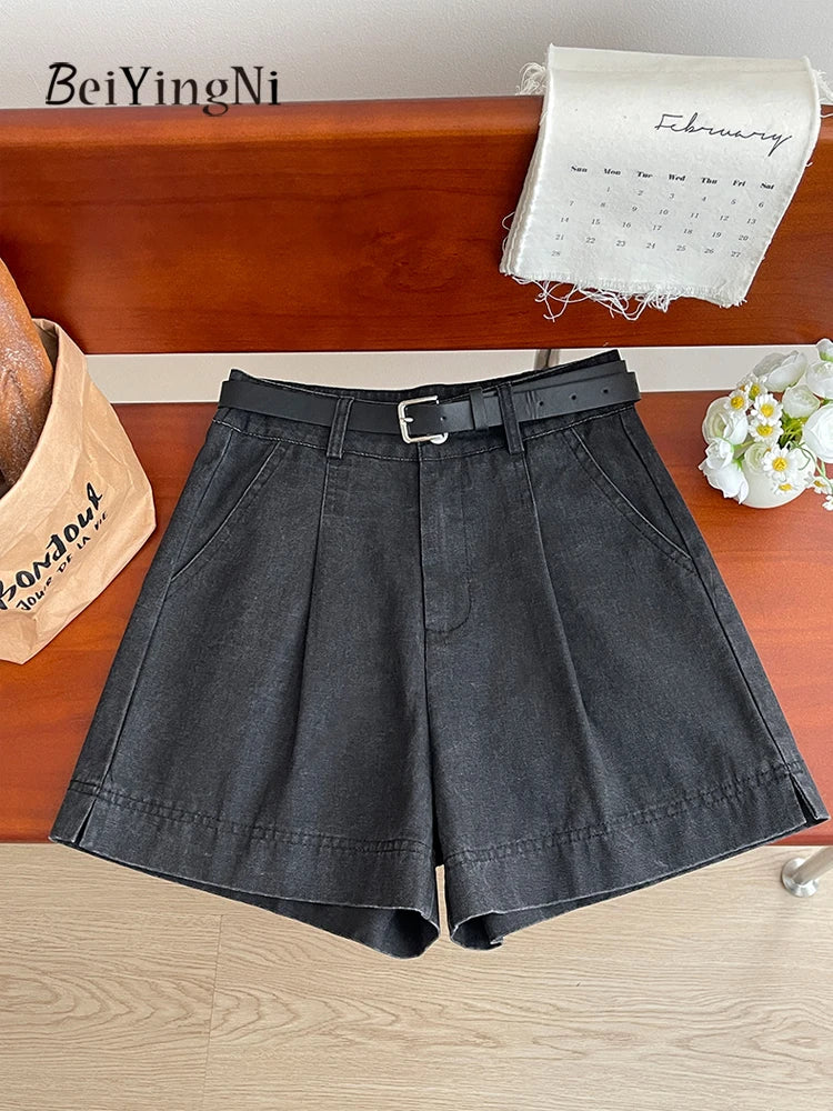Beiyingni Korean Women High Waist Shorts With Belt Elegant Cotton Linen Casual Slim Female Shorts White Street Short Cargo Pants