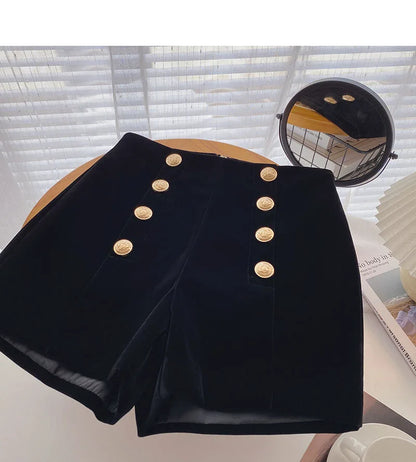 Velvet Black High Waist Slim Shorts Thicked Women's Winter New Korean Fashion Double-breasted Wide Leg Short Pants.