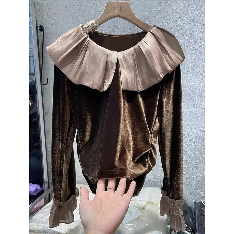 Autumn Korean Patchwork Solid Color Peter Pan Collar T-Shirts Female Temperament Ruffles T-Shirts Women Clothing All-match Tops.