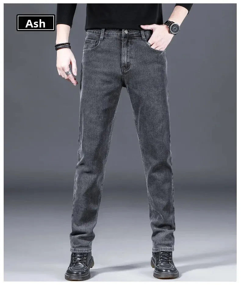 Loose Casual Jeans for Men Mid-aged Thick Winter Long Pants Business Style Straight Leg Spring Autumn Korean Version