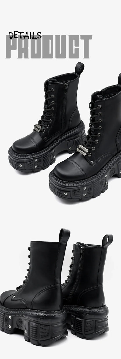 2025 New Punk Women Platform Ankle Boots Female's Rock Round Toe Lace Up Fashion Retro Chunky Shoes Metal Decor Short Boots.