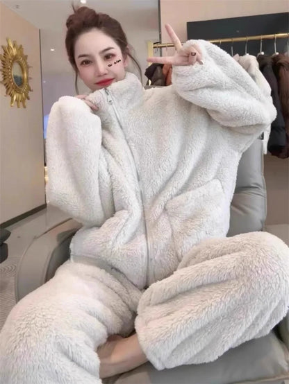 Winter Women Warm Fashion Pajama Sets Sweet   Elegant French Style Girlish Leisure Thicken Flannel Comfort Pajamas