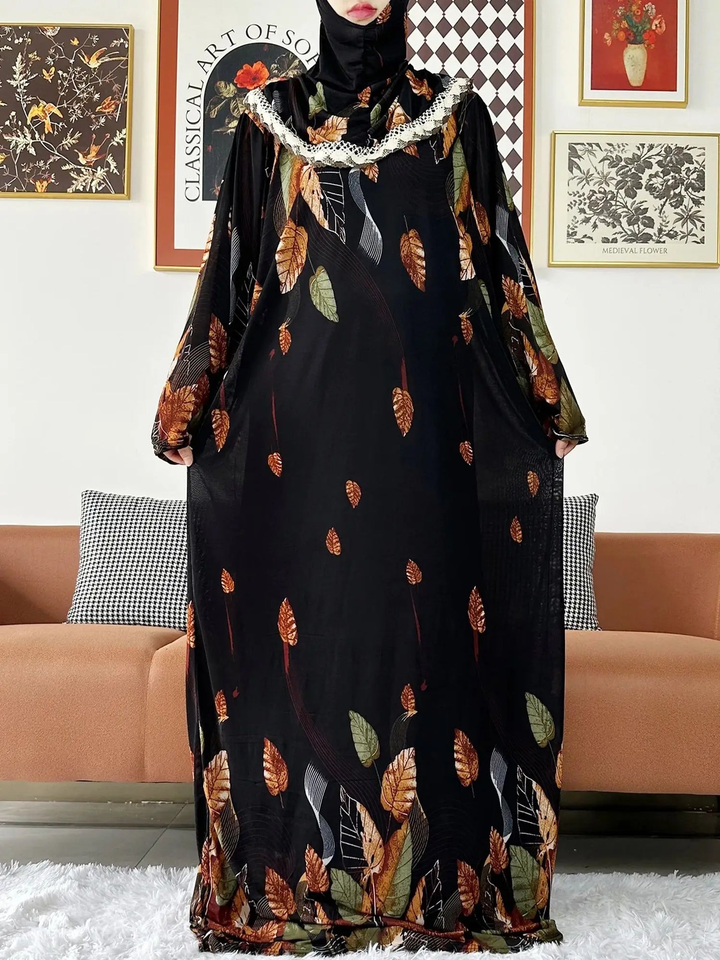 2023 Muslim Solid Cotton Abaya For Women Ramadan Prayer Garment Joint Hat Dubai Turkey Middle East Femme Robe Floral Loose Dress