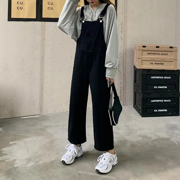 Jumpsuits Women Solid Retro Japanese Style Streetwear Denim Suspenders Trousers Harajuku Stylish Hip Hop Straight Overalls Teens.