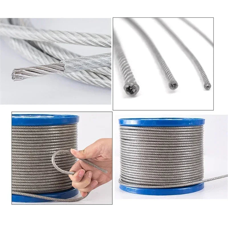 Diameter 0.8mm-8mm Length 2-100m Clothesline,PVC Transparent Plastic Coated No Burr 304 Stainless Steel Wire Rope Cable.