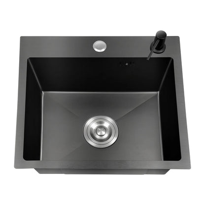 16 * 12-Zoll-Unterbau-Einzelschüssel-Küchenspüle aus Edelstahl mit Zubehör, (1 Abflusskorb, 1 Seifenspender), Schwarz