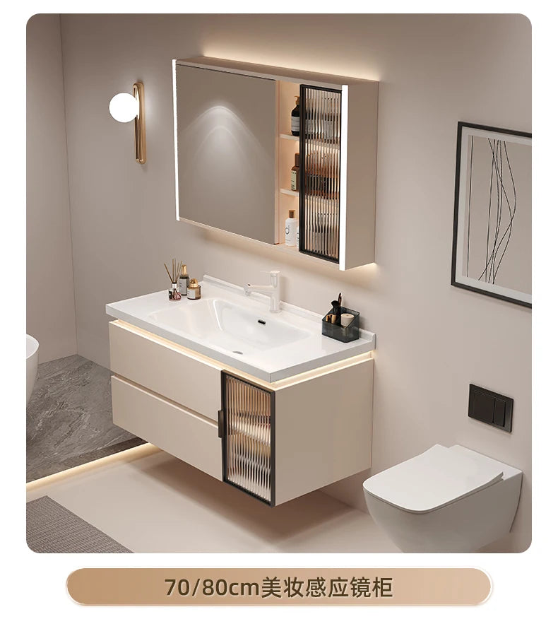 Cremefarbener Wind-Badezimmerschrank, integriertes Waschbecken aus Keramik, WC-Waschbecken-Kombination