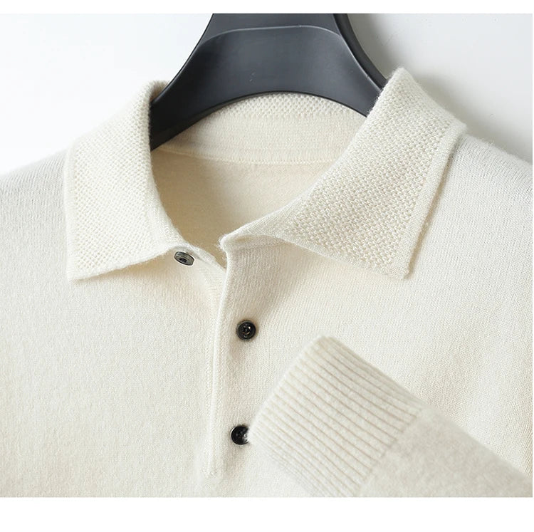LHZSYY 100%Merino Wool Hot Cardigans Men Lapel Pullover Long Sleeve POLO Neck Sweaters Loose Tops Knit Clothing Large Size Shirt.