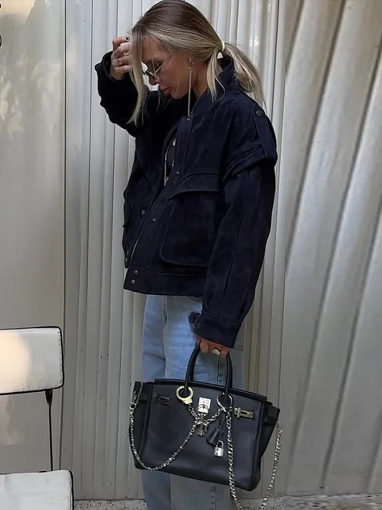 Wildleder Fleece Taschen Damen Jacken Mode Einreiher Langarm Mäntel Lose Gerade Kurze Tops Herbst Warme Kleidung.