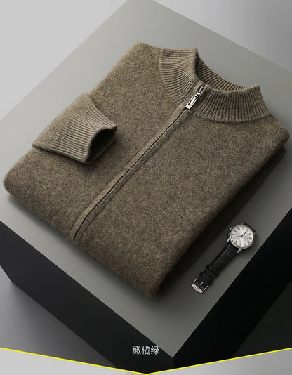 100% Merino Wool Men's Warm Sweater Mock Collar Thickened Zippered Cardigan Autumn Winter New Cashmere Knitted Long Sleeve Tops