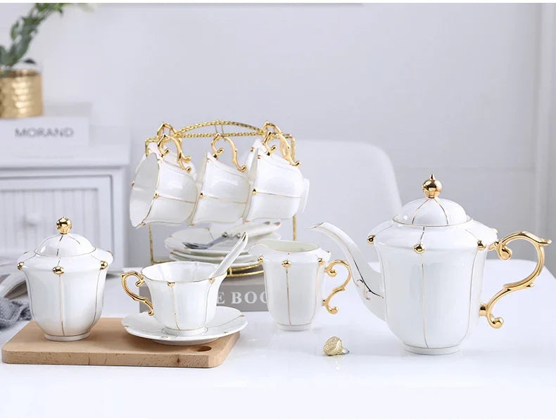 Gold Pearl Bone China Coffee Set British Porcelain Tea Luxury Ceramic Pot Creamer Sugar Bowl Teatime Teapot Cup Mug.