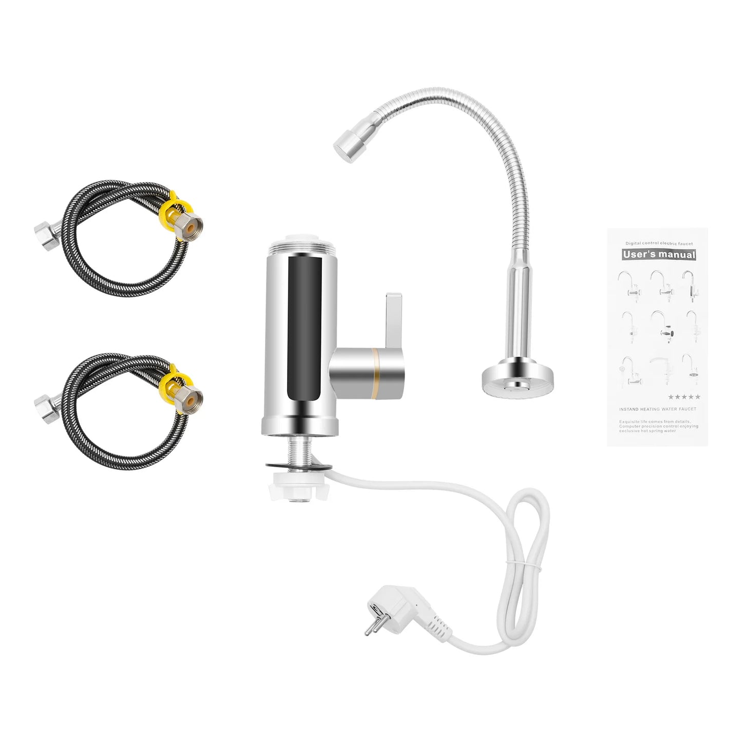 360° Rotating Electric Water Heater Faucet,Stainless Steel Hot Water Faucet W/ Inlet & Outlet Pipes and LED Display,Silver