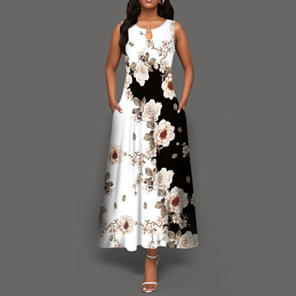 Blumendruck Neues lässiges ärmelloses langes Kleid Damen V-Ausschnitt bedrucktes Kleid Swing Bohemian Retro Kleider