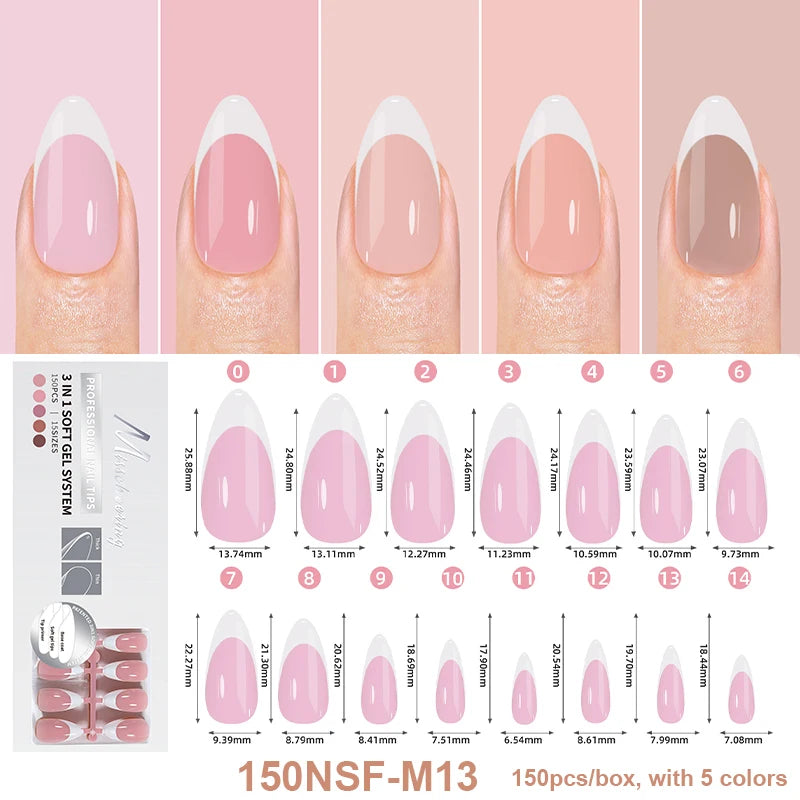 150Pcs/Box Acrylic Press on Nails Full Cover Fake False Tips Soft Gel Extension T-shaped Oval Capsule Almond Sculpted Salon DIY
