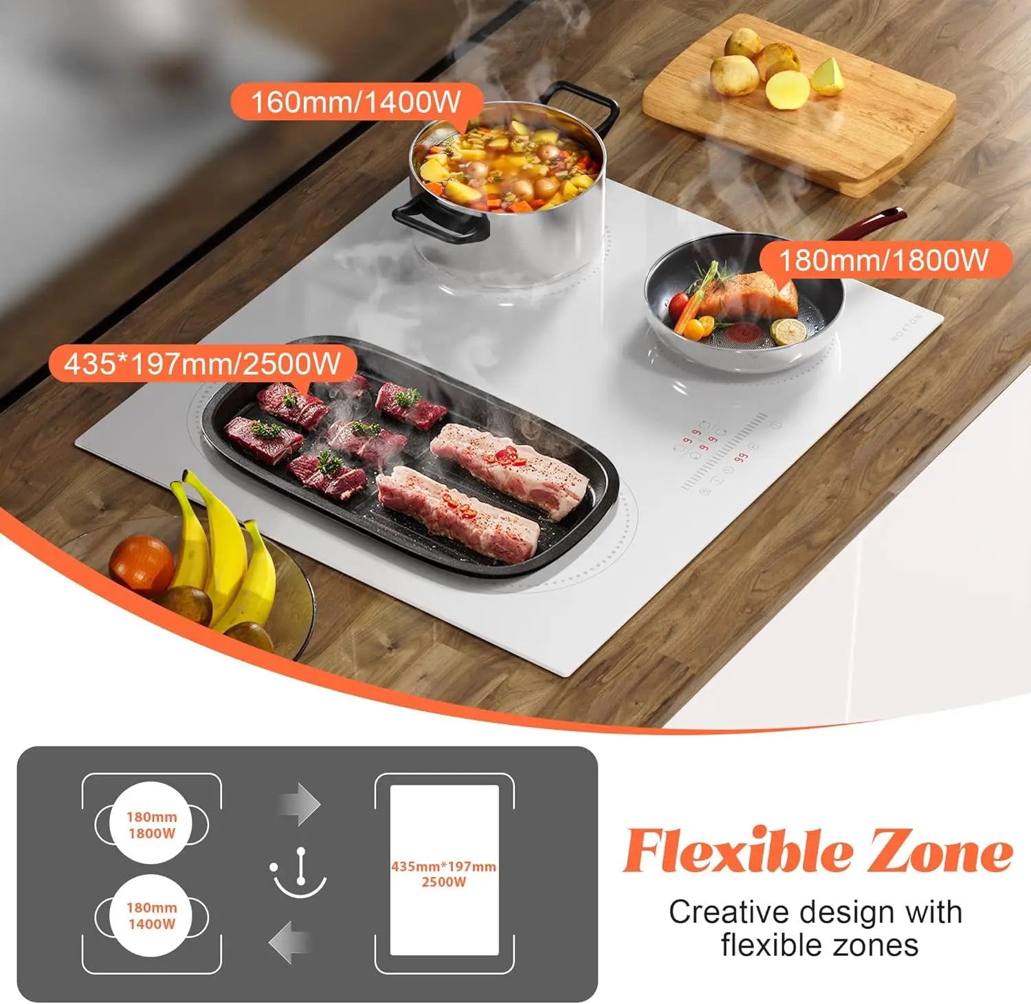 NOXTON White/Black Induction Hob Plug in, (UK:2800W/EU:3500W) 4 Zones with 1 Grill Zone, 60CM Touch, Safety Lock,Ceramic Glass.