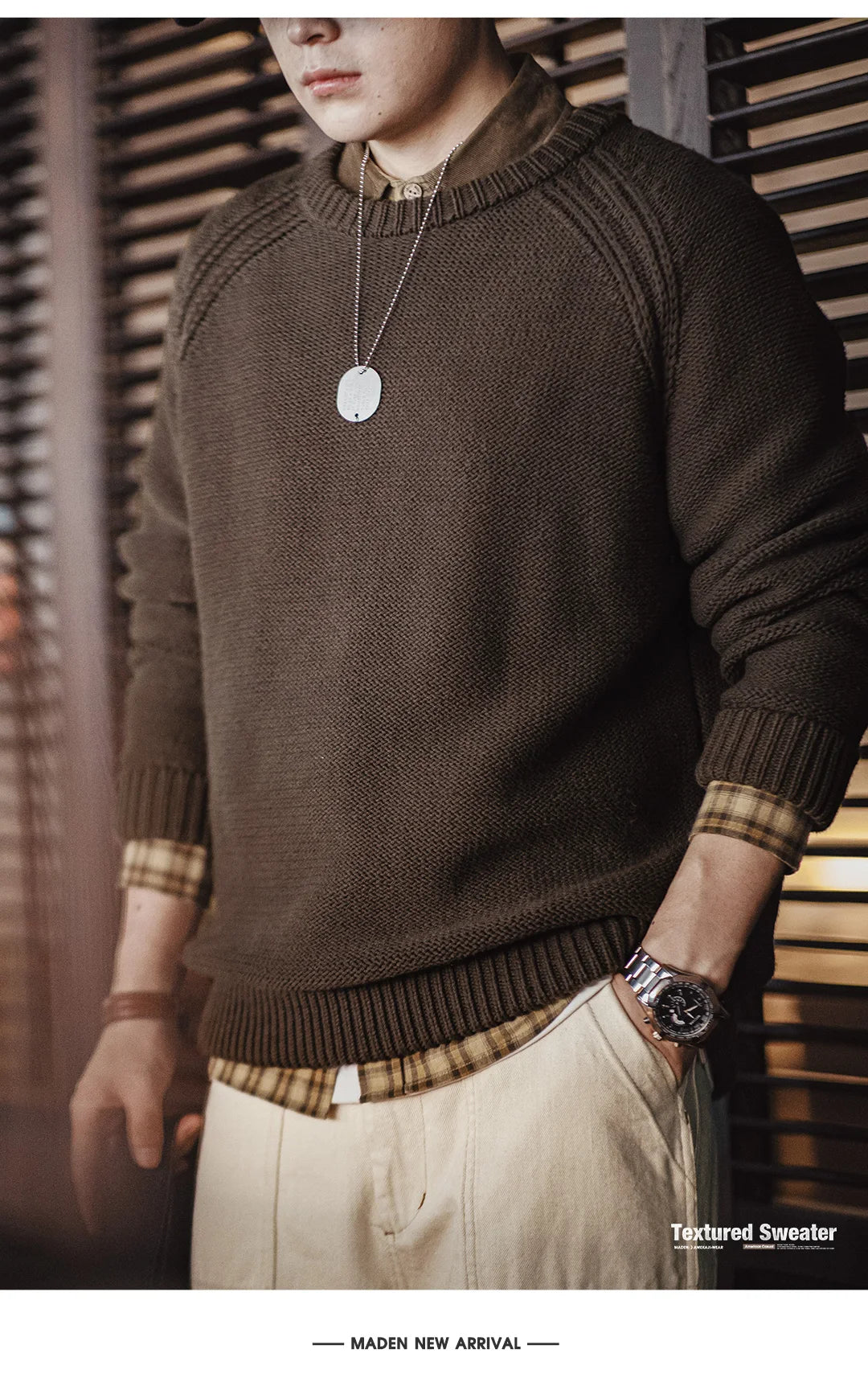 Maden New Vintage Heavyweight Knitted Crew-neck Sweater Brown Warm Pullover Men's Versatile Top for Autumn and Winter Knitwear