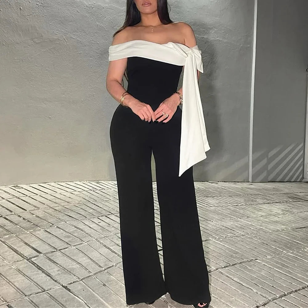 Jumpsuits Spring Summer Fashion Elegant Bowknot Contrast Color Off Shoulder Strapless Full Length Jumpsuits For Women.