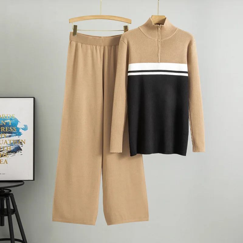 Muslim Knit Suit Women Two Piece Sets Pullover zipper high collar Sweater Knitted Wide Leg Pants Outfits Knitwear 2025 autumn.