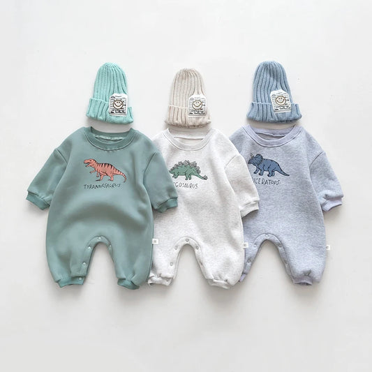 Neuankömmling Cartoon Dino Print Baby Neugeborenen Stram pler Säuglings mädchen Overalls Langarm Jungen Kleidung ein Stück.