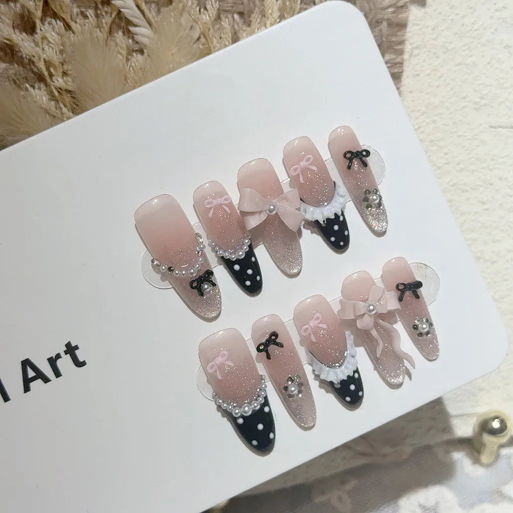 Black Pink Sweet French Almond Handmade Press On Nails Grid Polka Dot Love Skirt Ballet Fake Nails Princess Cute Bow Nail Art.