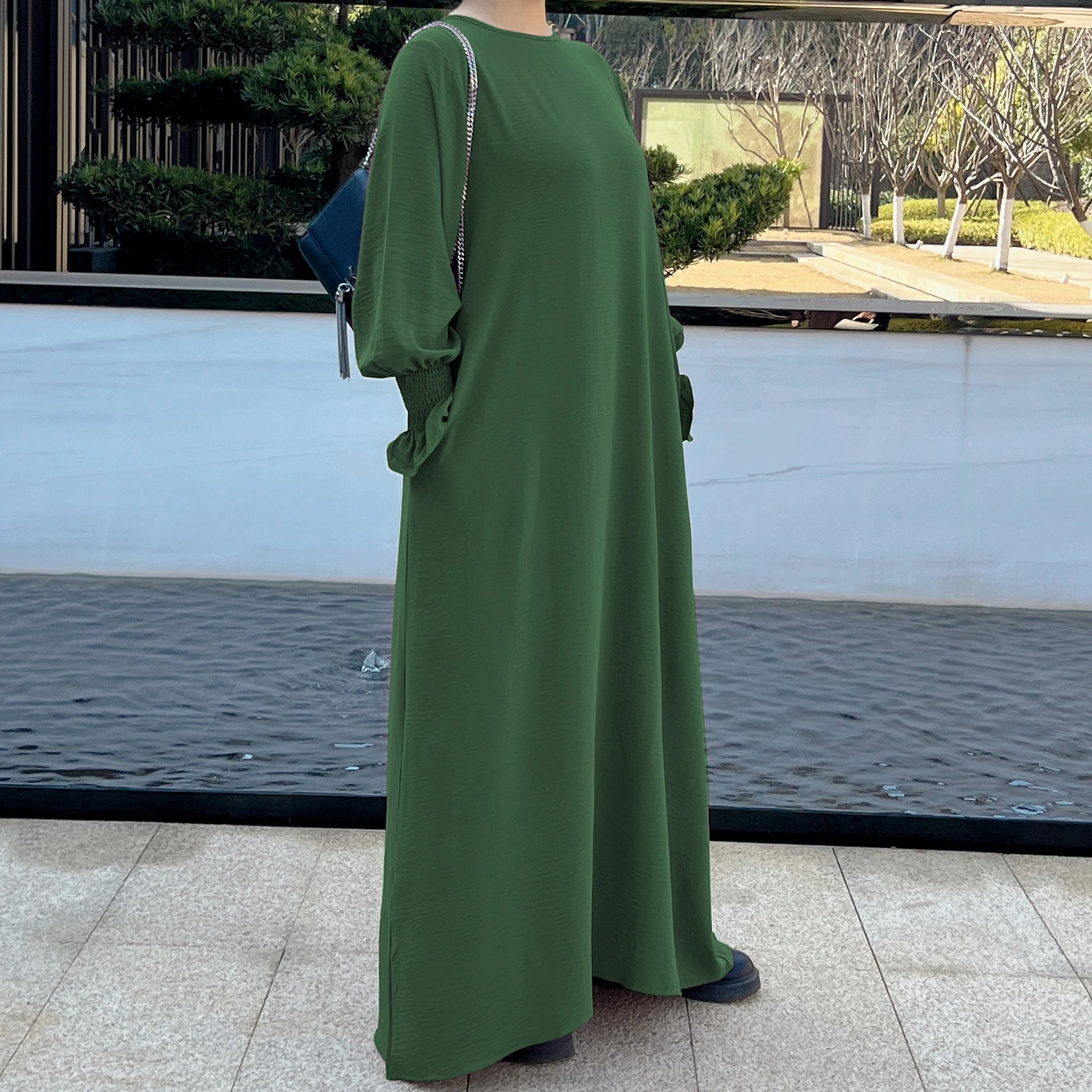 Ramadan Solid Crew Neck Shirred Cuff Abaya, Elegant Long Sleeve Simple Maxi Dress, Women's Clothing Kebaya Kaftan.